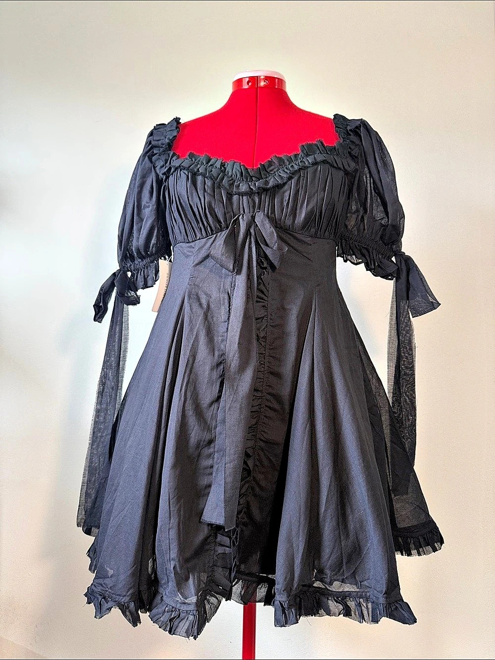 Selkie The Raven Tulum Dress Mini Puff Sleeve Dress in Black NWT